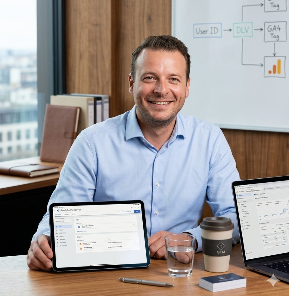 Wesley Henderiks, founder of GTM Experts, at his desk reviewing a GTM dashboard